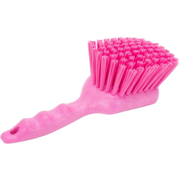 Pink 8-inch SPARTA plastic utility scrub brush with polyester bristles, ergonomic polypropylene handle, and hanging hole for kitchen, bathroom, pool, and general cleaning.