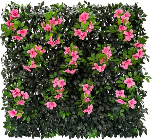 Sumery expandable faux ivy privacy fence featuring realistic green leaves, pink flowers, and a natural wood lattice frame, creating a decorative privacy screen for balconies, patios, fences, decks, gardens, and outdoor living spaces.