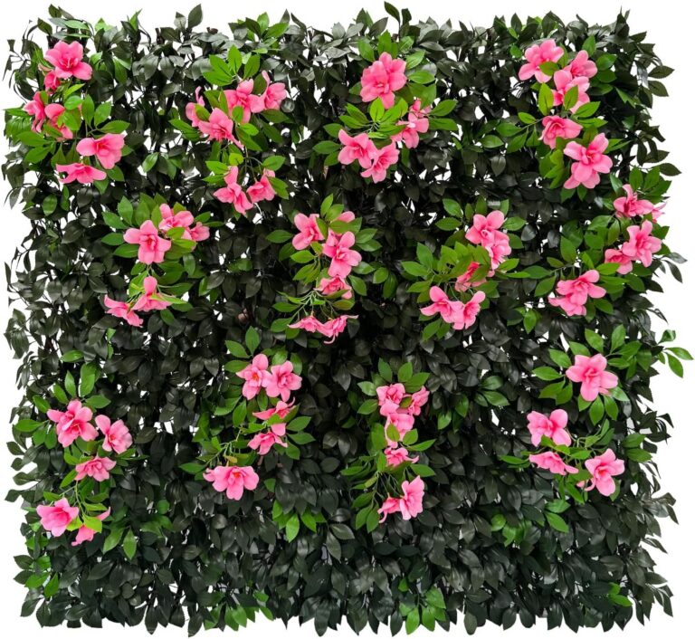 Sumery expandable faux ivy privacy fence featuring realistic green leaves, pink flowers, and a natural wood lattice frame, creating a decorative privacy screen for balconies, patios, fences, decks, gardens, and outdoor living spaces.