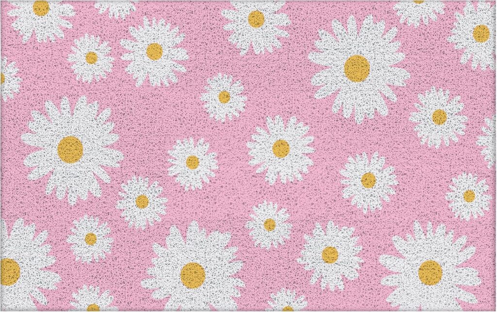 Pink daisy floral waterproof PVC welcome doormat measuring 17 x 30 inches for indoor and outdoor entryways, patios, kitchens, and front doors.