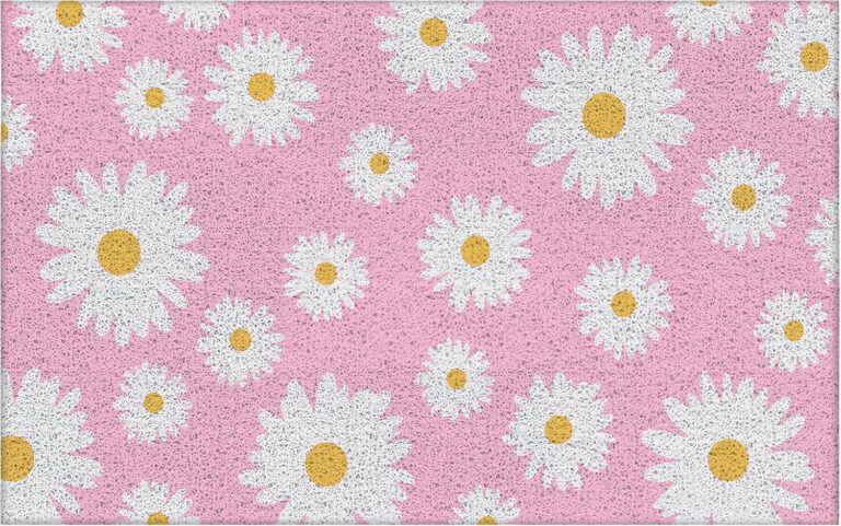 Pink daisy floral waterproof PVC welcome doormat measuring 17 x 30 inches for indoor and outdoor entryways, patios, kitchens, and front doors.