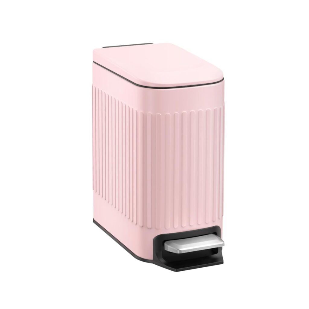 TrashAid pink 1.6-gallon stainless steel bathroom trash can with a soft-close lid, hands-free step pedal, removable inner bucket, and slim space-saving design for bathrooms, bedrooms, offices, and RVs.