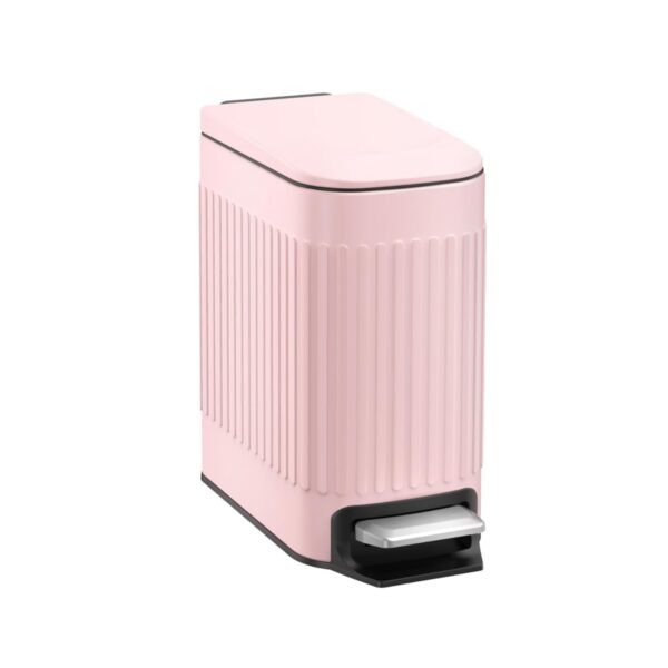 TrashAid pink 1.6-gallon stainless steel bathroom trash can with a soft-close lid, hands-free step pedal, removable inner bucket, and slim space-saving design for bathrooms, bedrooms, offices, and RVs.