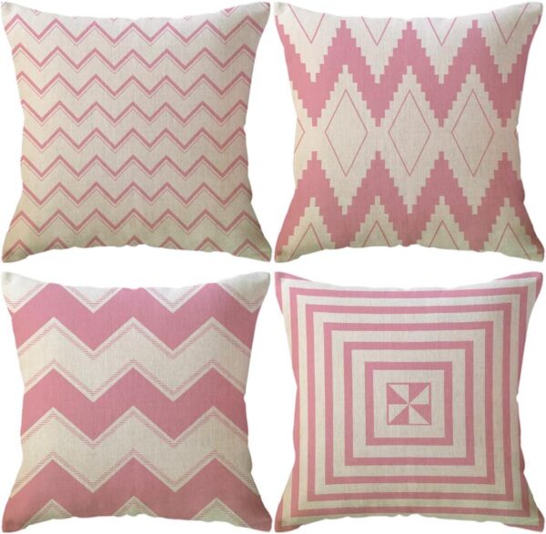 Set of four pink and beige geometric decorative throw pillow covers with double-sided modern prints and hidden zipper closures for sofas, beds, and living room décor.