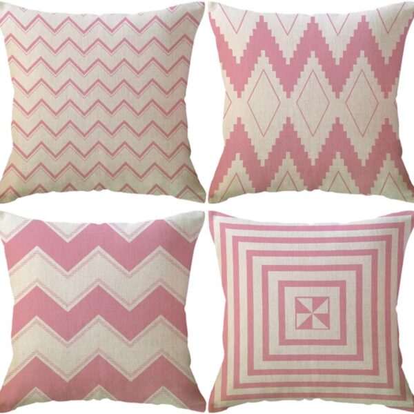 Set of four pink and beige geometric decorative throw pillow covers with double-sided modern prints and hidden zipper closures for sofas, beds, and living room décor.
