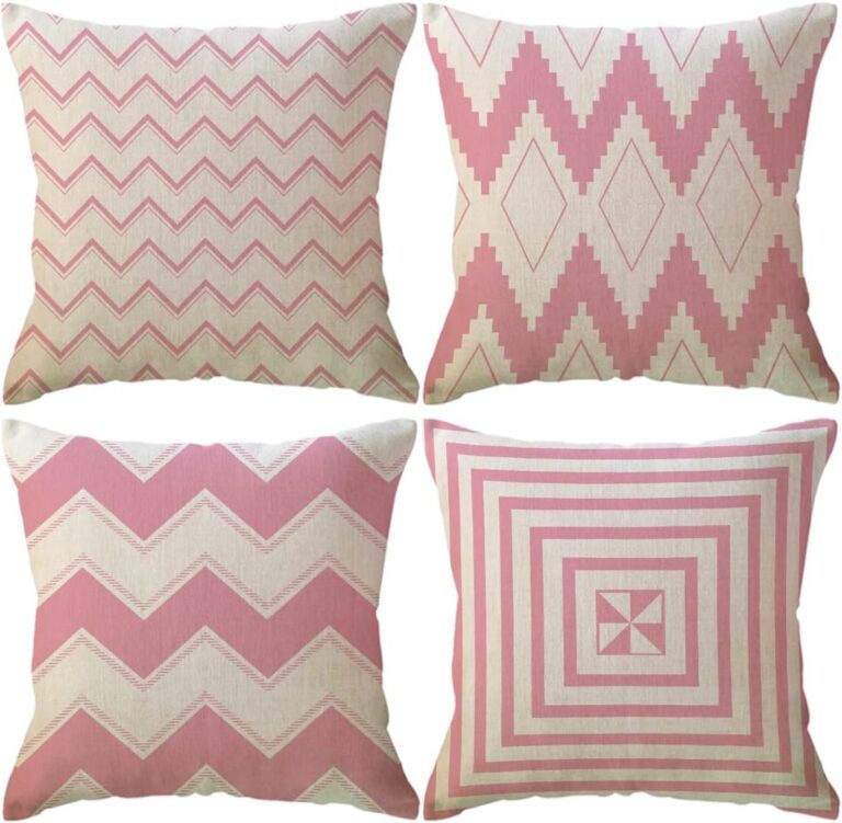Set of four pink and beige geometric decorative throw pillow covers with double-sided modern prints and hidden zipper closures for sofas, beds, and living room décor.