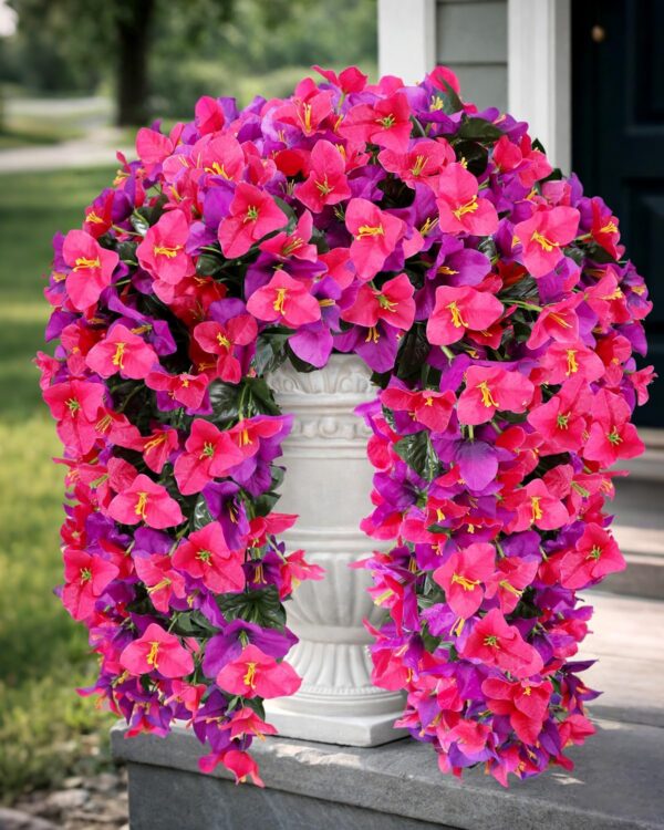 Two UV-resistant artificial bougainvillea flower bundles featuring realistic hot pink and purple blooms with flexible stems for outdoor planters, hanging baskets, patios, porches, and garden décor.