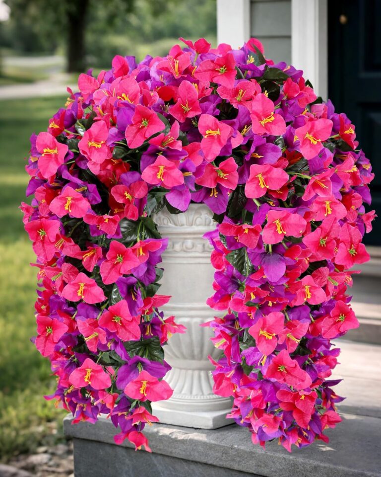 Two UV-resistant artificial bougainvillea flower bundles featuring realistic hot pink and purple blooms with flexible stems for outdoor planters, hanging baskets, patios, porches, and garden décor.