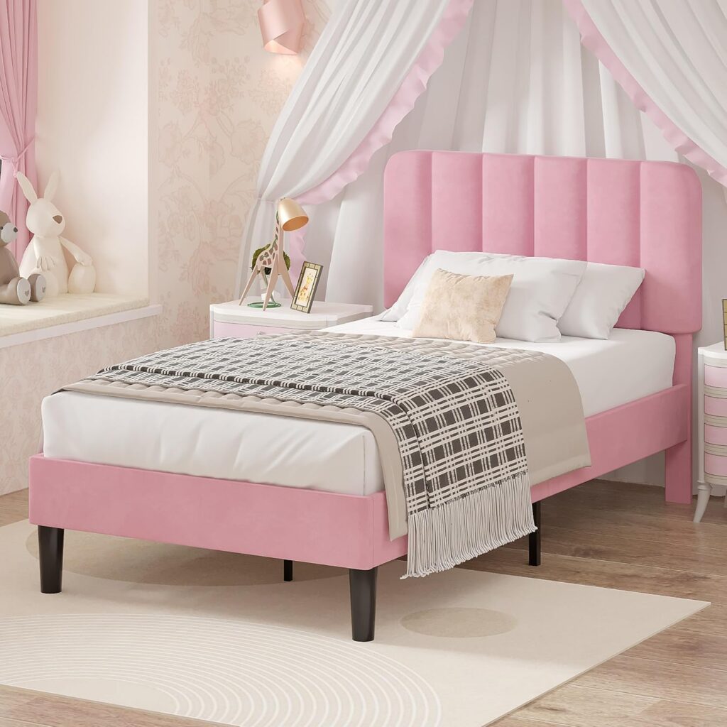 Pink VECELO twin upholstered platform bed frame with a velvet adjustable headboard, sturdy wood slats, metal frame, and under-bed storage for a modern bedroom.