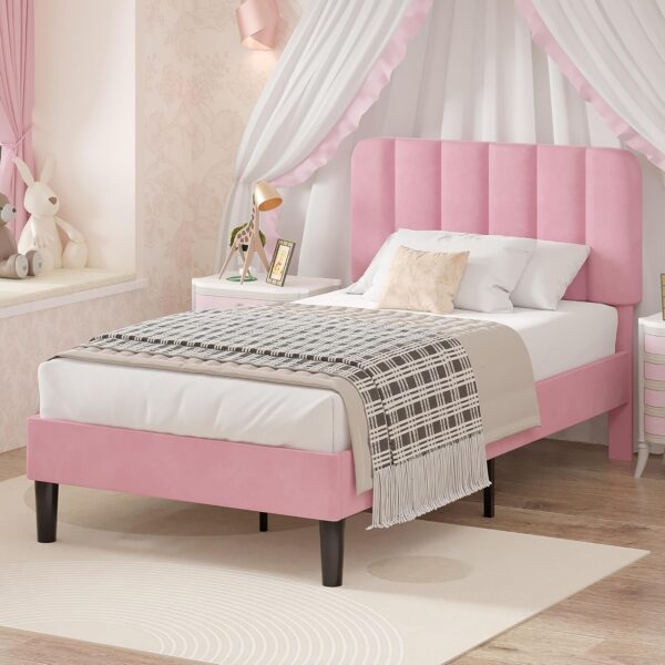 Pink VECELO twin upholstered platform bed frame with a velvet adjustable headboard, sturdy wood slats, metal frame, and under-bed storage for a modern bedroom.