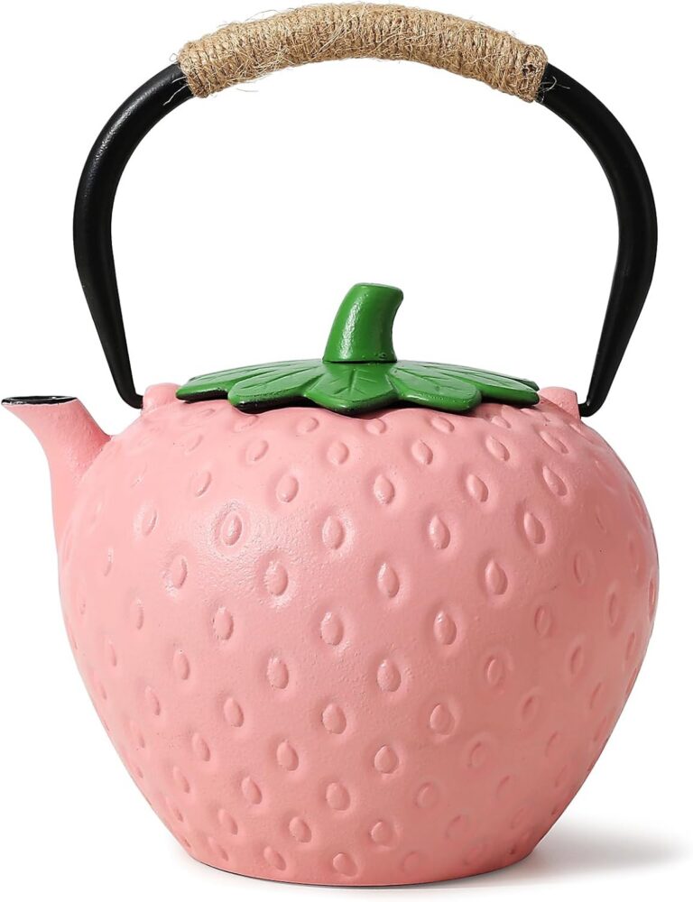 VICSKY pink strawberry cast iron teapot with a fully enameled interior, stainless steel tea infuser, and heat-resistant wrapped handle for loose leaf tea and tea bags.