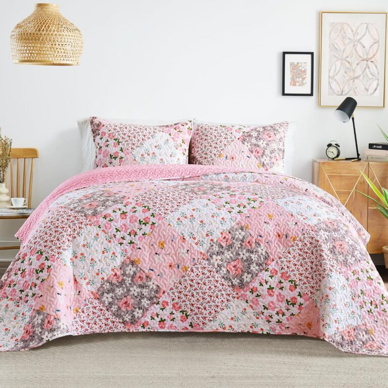 Whale Flotilla pink floral patchwork quilt set with a reversible microfiber quilt and two matching pillow shams for full and queen beds.