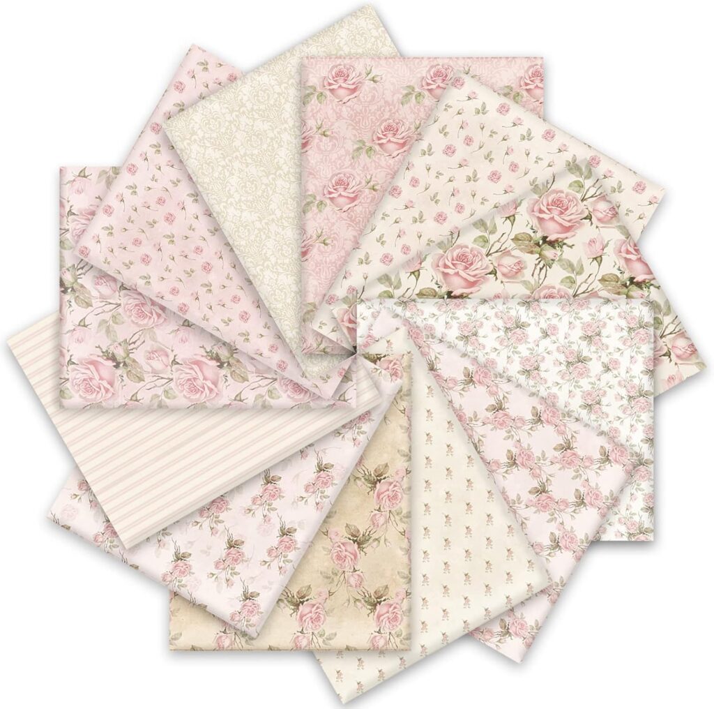Whaline 12-piece spring floral fat quarter fabric bundle featuring pink retro flower prints on 100% cotton pre-cut 18 x 22 inch quilting fabric for patchwork, sewing, quilting, and DIY craft projects.