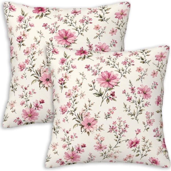 Set of two 18x18 pink floral throw pillow covers with vintage botanical flowers on a cream background, featuring hidden zipper closures for cottagecore, farmhouse, and bedroom decor.