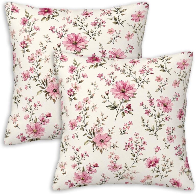 Set of two 18x18 pink floral throw pillow covers with vintage botanical flowers on a cream background, featuring hidden zipper closures for cottagecore, farmhouse, and bedroom decor.