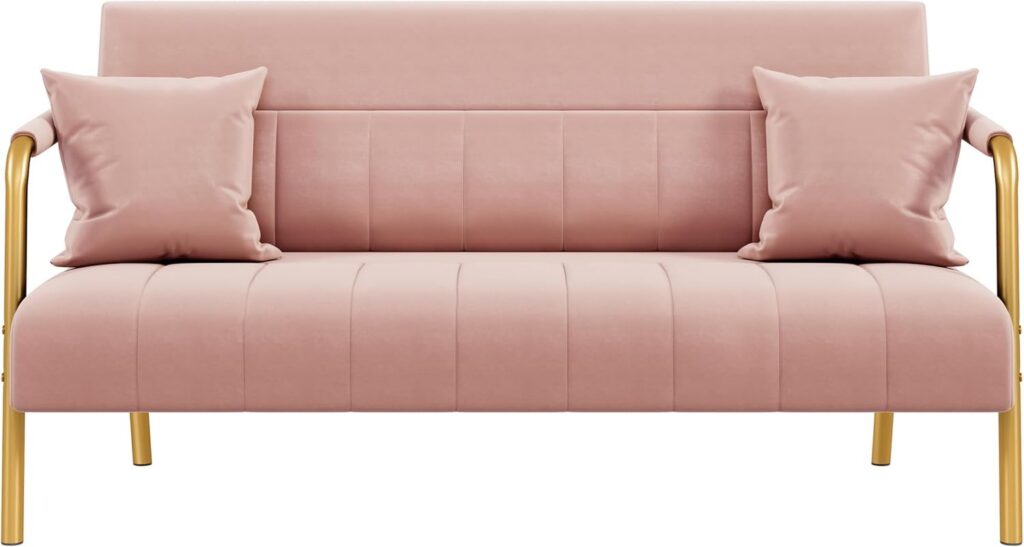 Yaheetech 56.5-inch pink velvet loveseat sofa featuring a tufted back, gold-tone metal arms and legs, removable foam cushions, and two matching throw pillows, ideal for apartments, bedrooms, studios, and modern glam living rooms.