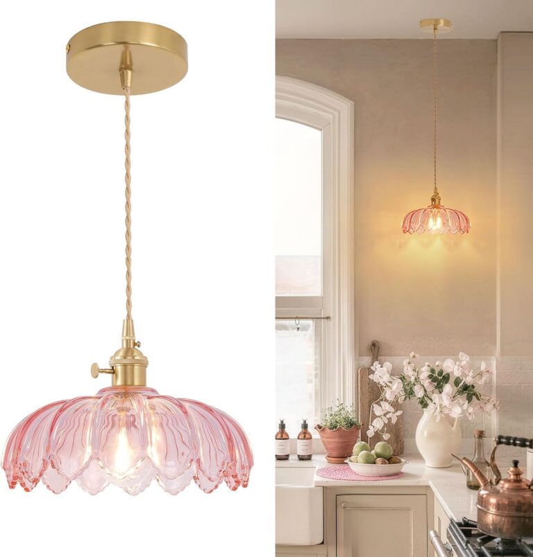 Pink scindapsus glass pendant light with polished brass accents and adjustable hanging chain for a warm vintage-inspired interior.
