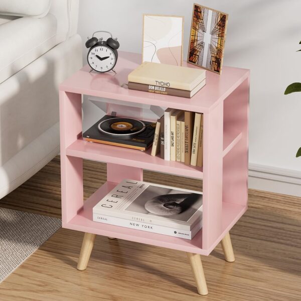 Aenuert pink kids nightstand with a rectangular tabletop, two open storage shelves, straight wooden legs, and a smooth pink finish for a bedroom or nursery.