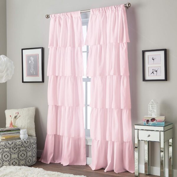 Curtainworks pink flounced ruffle curtain panel with horizontal rows of decorative ruffles, semi-sheer light-filtering polyester fabric, and a 3-inch rod pocket.