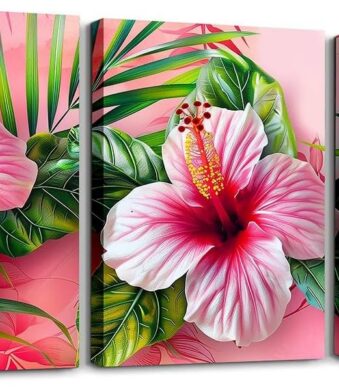 Set of three Erosebridal tropical canvas wall art prints featuring pink hibiscus flowers and green palm leaves, stretched on wooden frames, each measuring 12 x 16 inches.