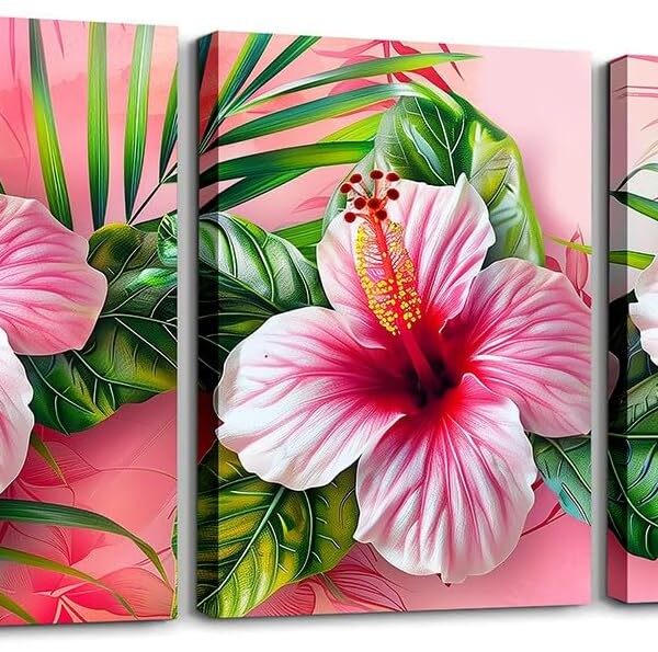 Set of three Erosebridal tropical canvas wall art prints featuring pink hibiscus flowers and green palm leaves, stretched on wooden frames, each measuring 12 x 16 inches.