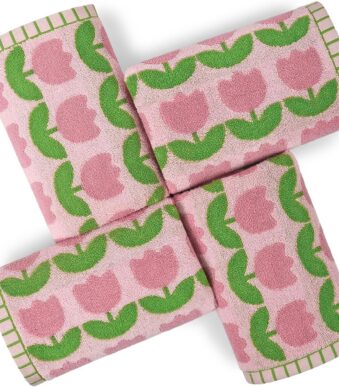 Set of four pink cotton hand towels featuring a decorative pink tulip floral print, with a soft, lightweight terry texture for bathroom and kitchen use.