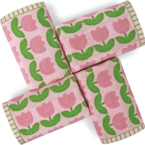 Set of four pink cotton hand towels featuring a decorative pink tulip floral print, with a soft, lightweight terry texture for bathroom and kitchen use.