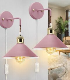 KEWANNO set of two pink metal wall sconces with tapered shades, E26 bulb sockets, and 5.9-foot plug-in cords for modern and vintage-inspired indoor lighting.