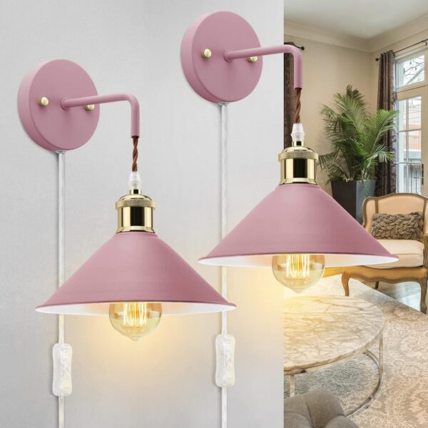 KEWANNO set of two pink metal wall sconces with tapered shades, E26 bulb sockets, and 5.9-foot plug-in cords for modern and vintage-inspired indoor lighting.