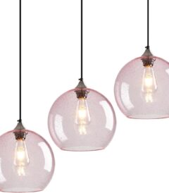 LBSQJ set of three pink seeded glass globe pendant lights with brushed nickel metal fittings and adjustable hanging cords