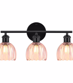 LETRY three-light bathroom vanity fixture with a brushed black metal base and three pink tulip-shaped glass shades