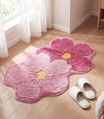 Pink cherry-colored floral bathroom rug with a soft plush microfiber surface, raised 3D high-low pile flower pattern, and textured non-slip backing.