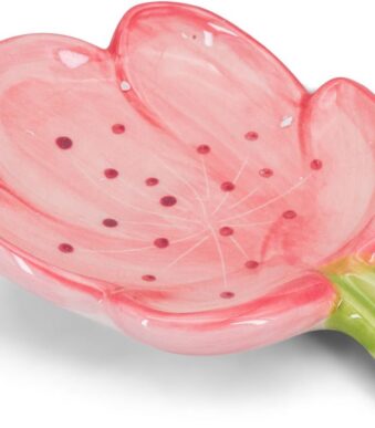 Pink flower-shaped ceramic soap dish with an oil painting-style floral design, recessed soap holder, sloped drainage base, flower-stem drain, and non-slip bottom.