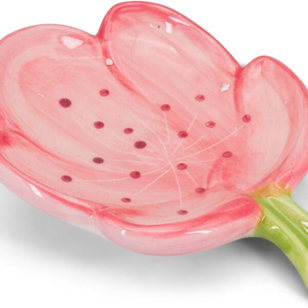 Pink flower-shaped ceramic soap dish with an oil painting-style floral design, recessed soap holder, sloped drainage base, flower-stem drain, and non-slip bottom.