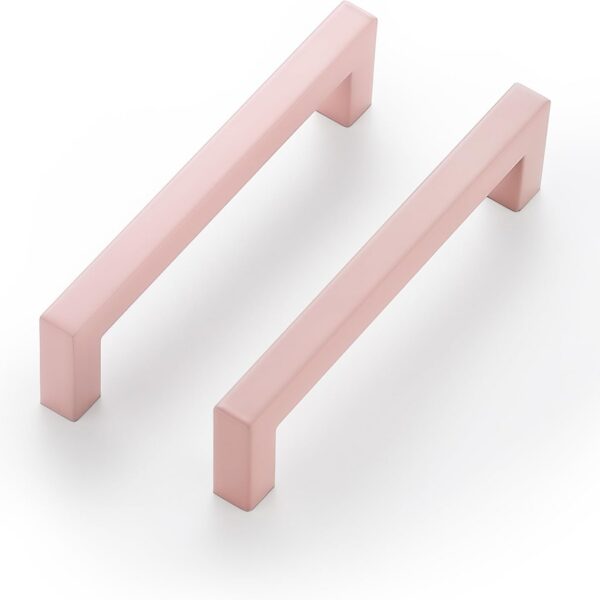 Set of five pink Ravinte square bar cabinet handles made from stainless steel, with a polished finish, 5-inch center-to-center hole spacing, and included mounting screws.