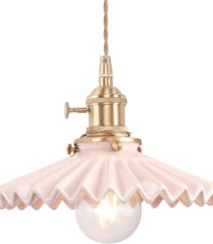 Shenmoyl retro pendant light with a pink pleated ceramic lampshade, brass-finish metal fittings, adjustable hanging chain, and warm white bulb